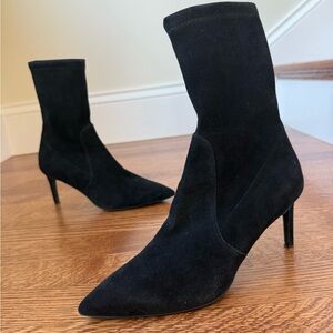 STUART WEITZMAN Suede Power Booties Boots Heeled Sock Pointed Classic Black 5